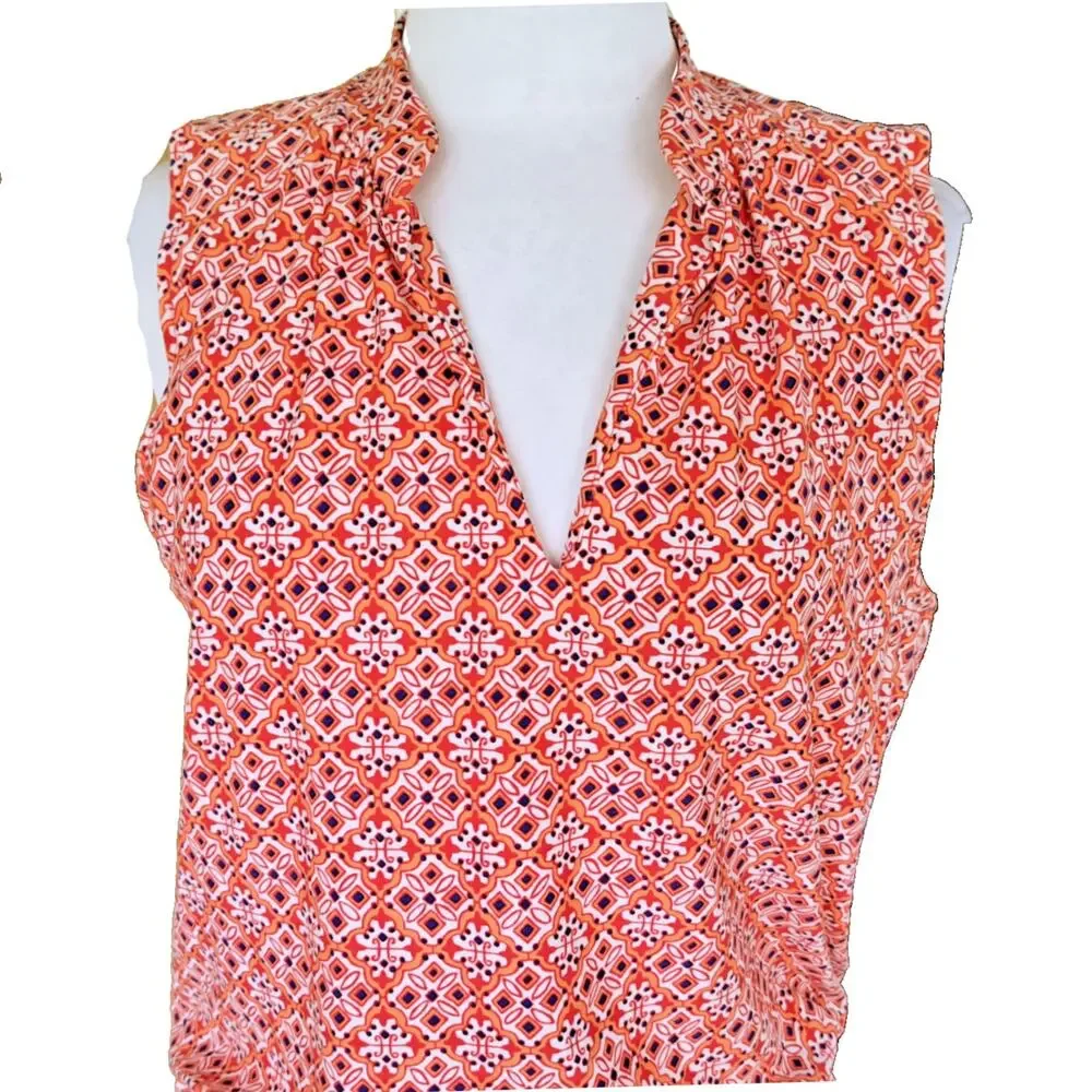 Helen Jon Sanibel Beach Mini Dress Size Large Coral Orange Navy V-neck Pockets - Picture 6 of 13